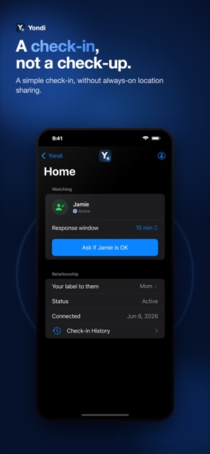 Yondi Home screen showing a watcher's check-in request, response window, and relationship status.