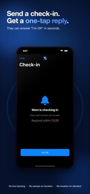 Yondi check-in screen with a one-tap 'I'm OK' reply and response countdown.
