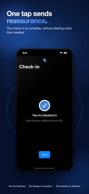 Yondi confirmation screen showing a check-in sent successfully.