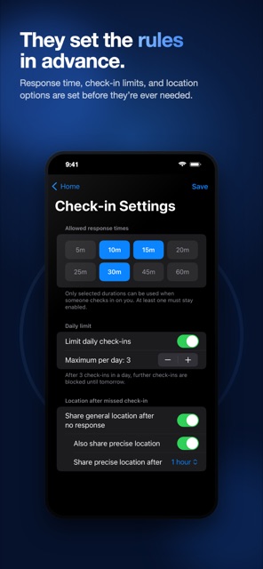 Yondi Check-in Settings screen with response windows, daily limits, and location fallback toggles.