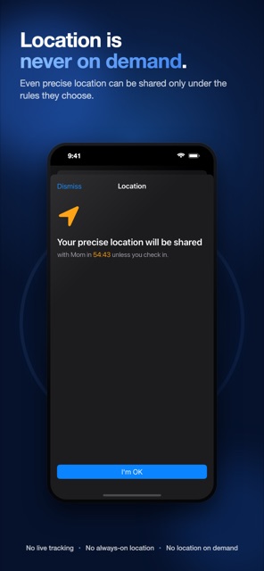 Yondi screen explaining that location is never shared on demand.