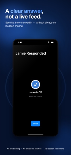 Yondi result screen showing a clear 'Jamie is OK' answer, not a live feed.